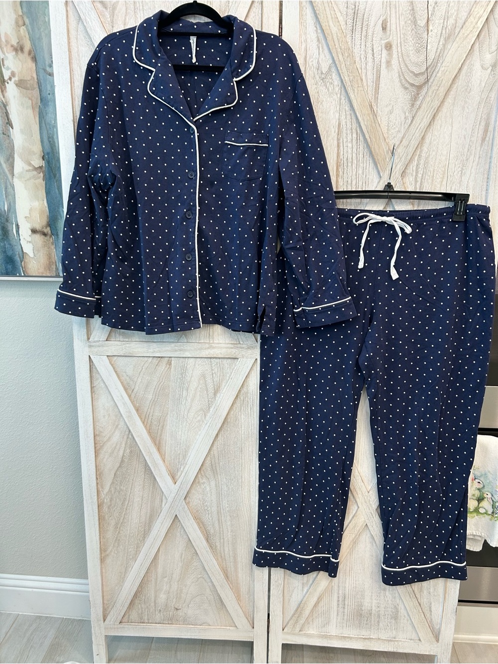 Women's Navy Polka Dot Pajama Set with White Trim